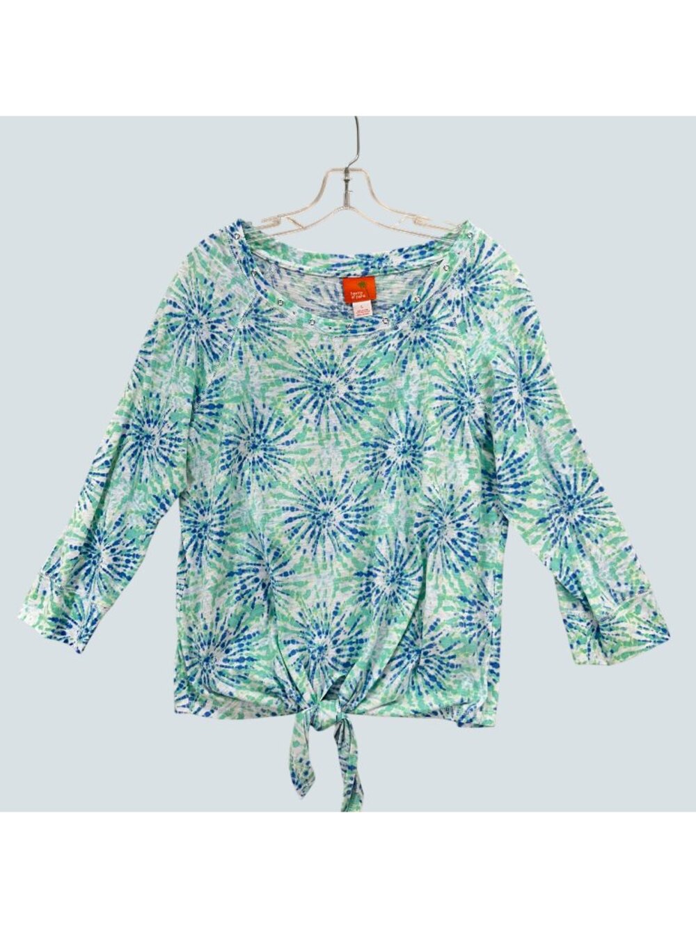 Hearts of Palm Women’s Tie Front Top Size L Blue Green 3/4 Sleeve NWT